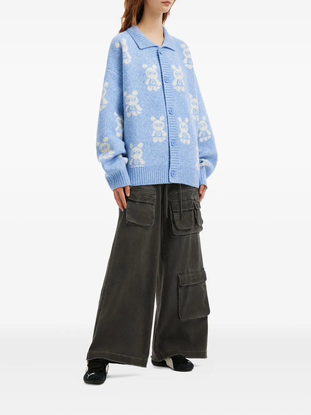 Mini Cream buttoned bear-pattern cardigan | Cardigans | Image 2