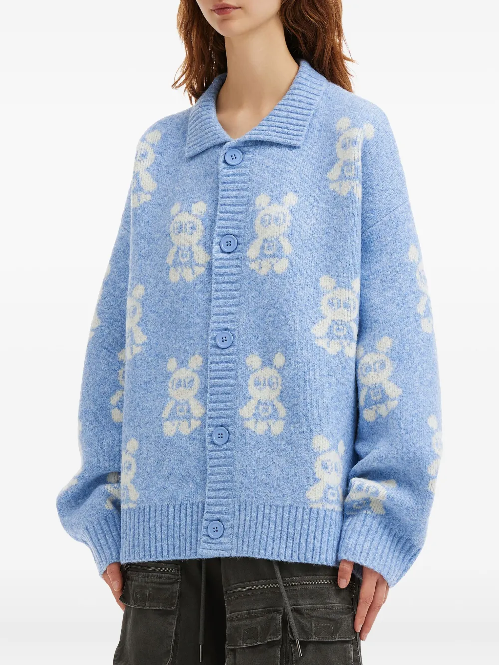 Mini Cream Buttoned Bear-pattern Cardigan In Blue
