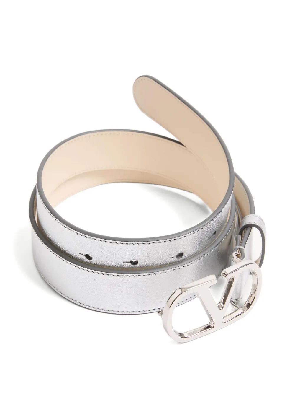 Valentino Garavani Vlogo Signature Belt In Laminated Calfskin 30 Mm Woman Silver 080 In White