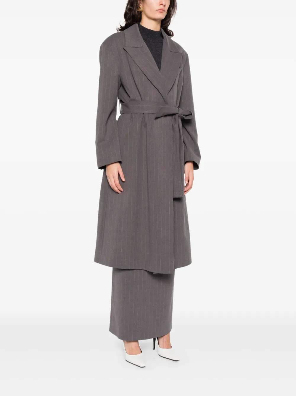 The Nina Studio ストライプ ベルテッド コート In Brown