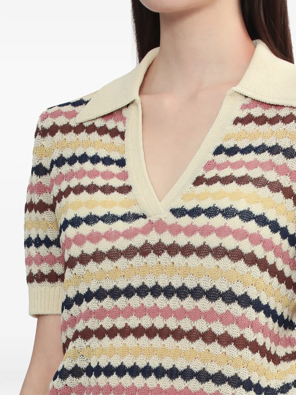 Zimmermann Zim Awaken Scallop Knit Polo Multi Stripe In Neutral