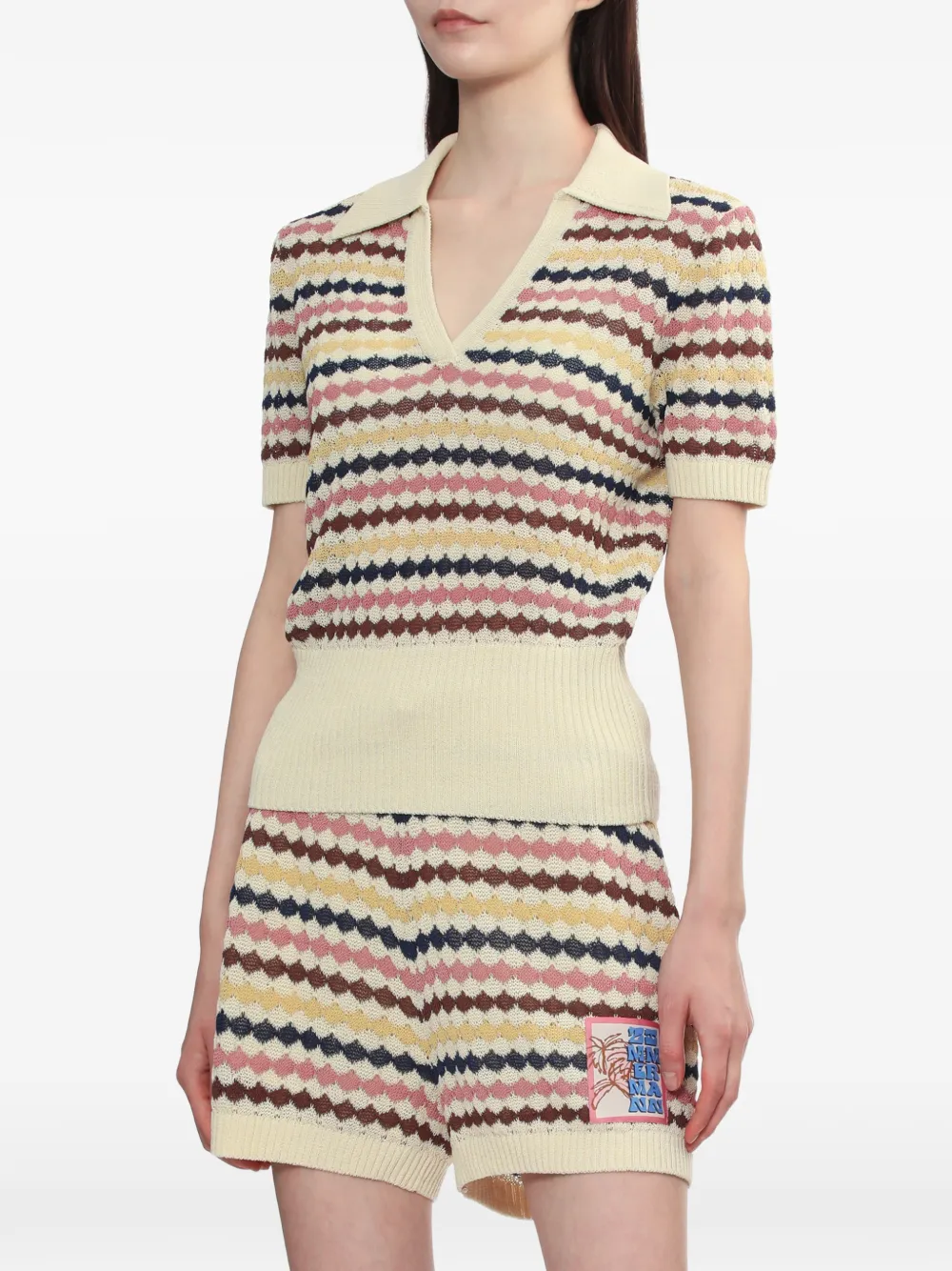 Zimmermann Zim Awaken Scallop Knit Polo Multi Stripe In Neutral