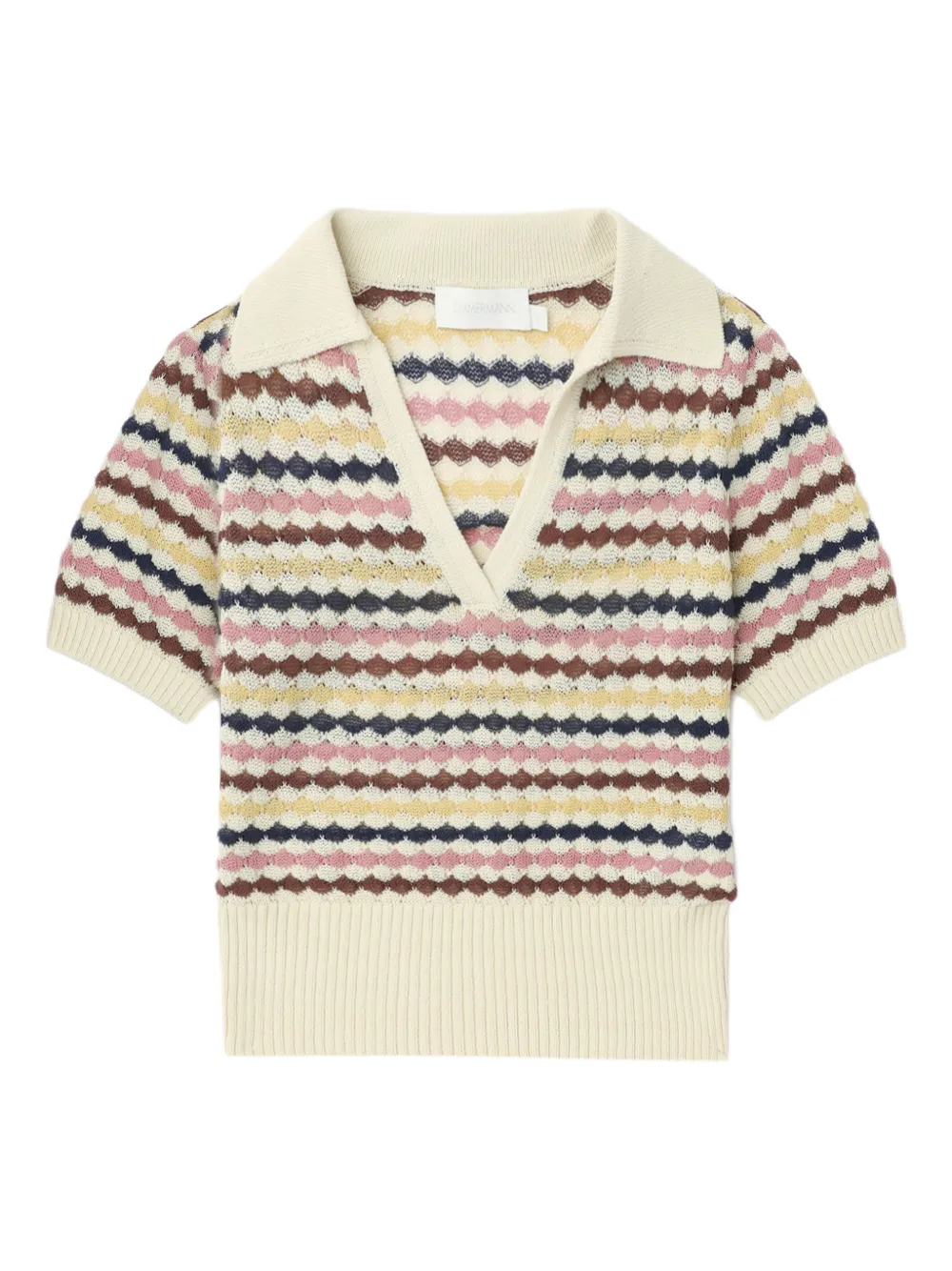 Zimmermann Zim Awaken Scallop Knit Polo Multi Stripe In Neutral
