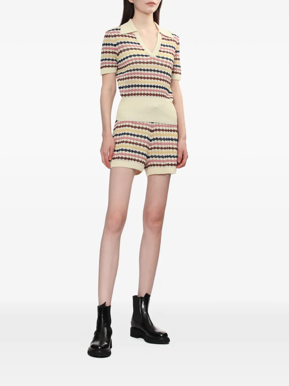 Zimmermann Zim Awaken Scallop Knit Polo Multi Stripe In Neutral