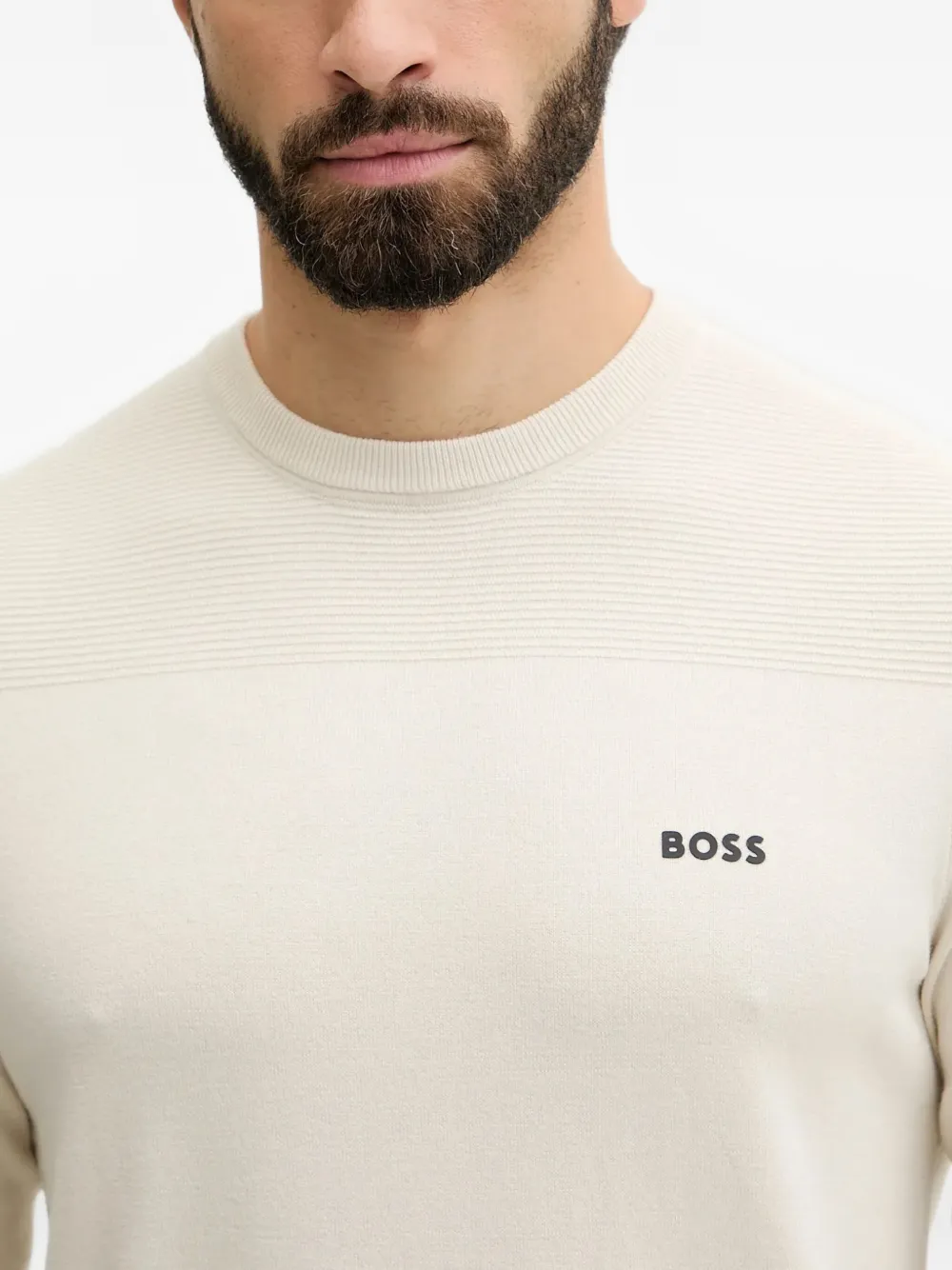 BOSS Ribgebreide trui met logo Beige