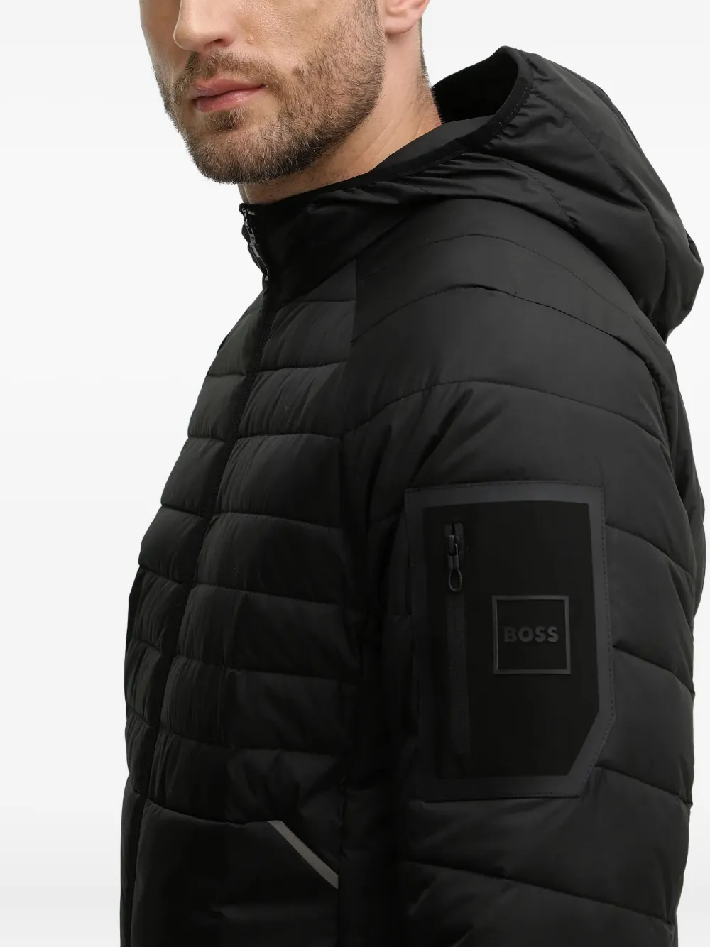 BOSS hooded quilted jacket Zwart