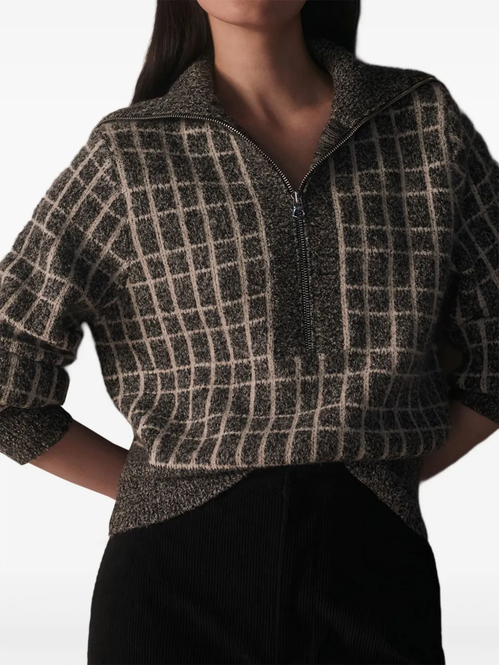 Varley Furley Half-zip Checked-pattern Sweater In Brown