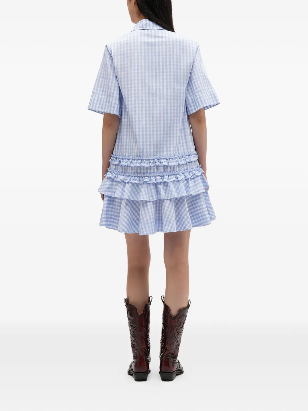  Ganni Gingham Ruffled Mini Dress - Blue 