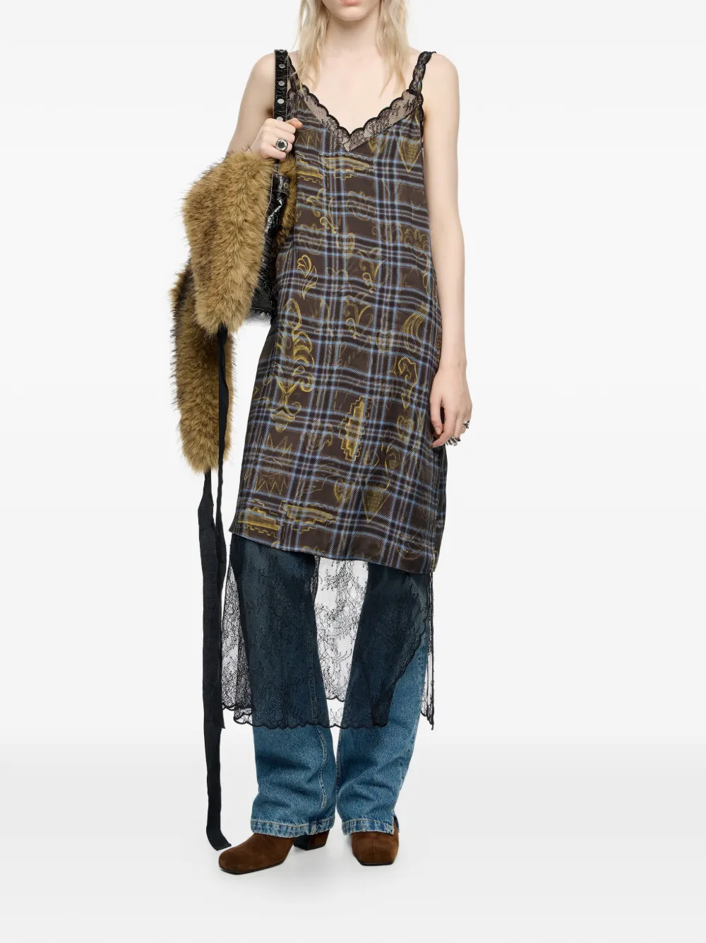 Bimba y Lola Geruite midi-jurk met kant - Blauw