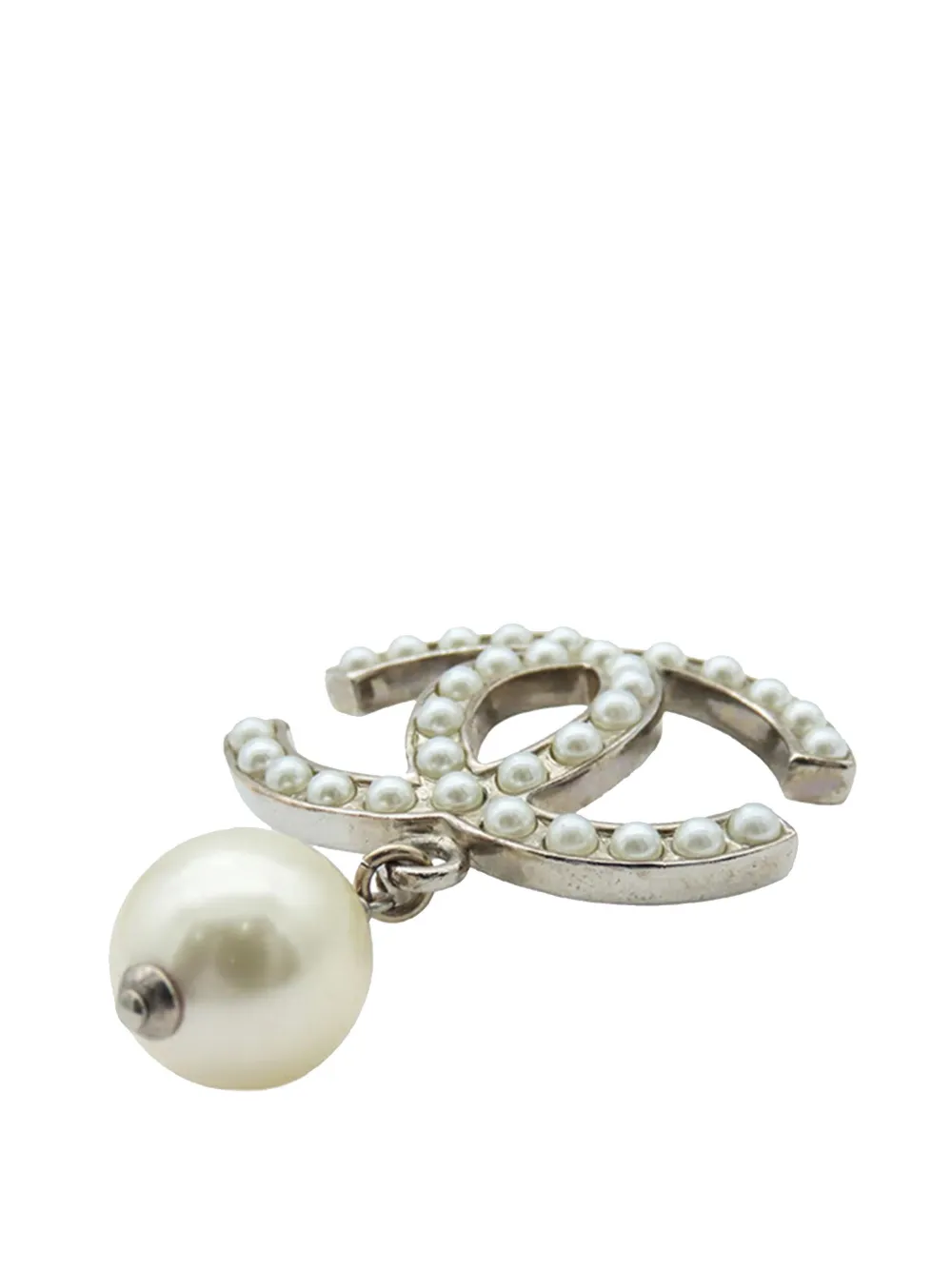 Pre-owned Chanel 2011 Silver Plated Cc Faux Pearl Brooch Costume Brooch