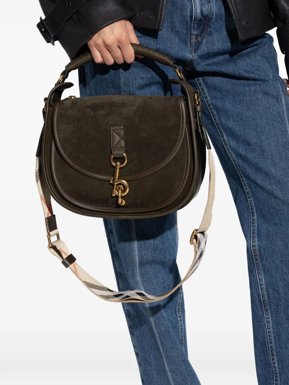 Burberry small B Clip check-strap leather tote bag - Groen