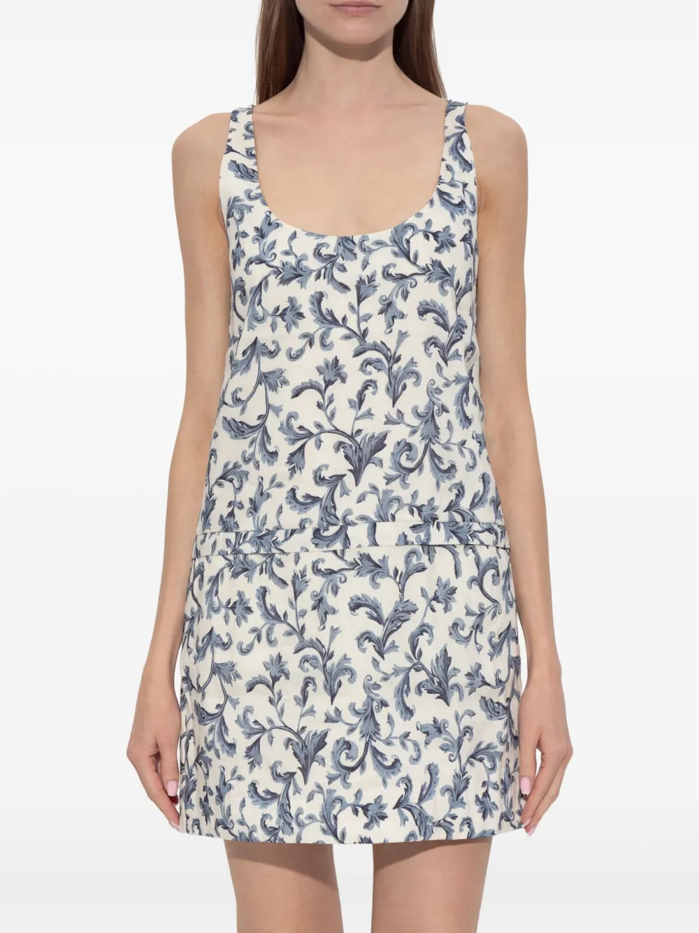 Posse Rue Baroque-print Linen-silk Mini Shift Dress In White