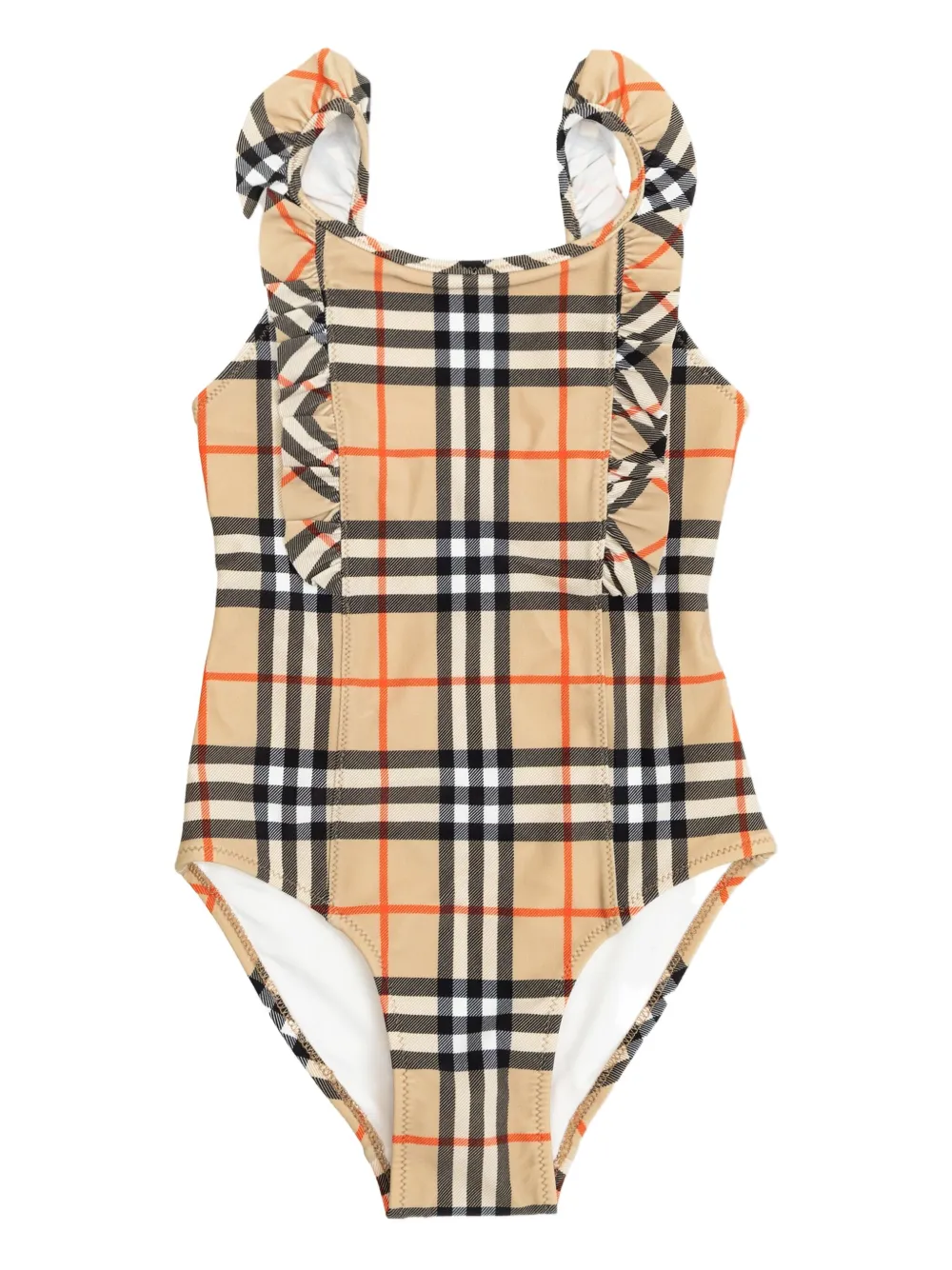 Burberry Kids ruffled check-pattrern swimsuit - ニュートラル Burberry Kids ruffled check-pattrern swimsuit - ニュートラル