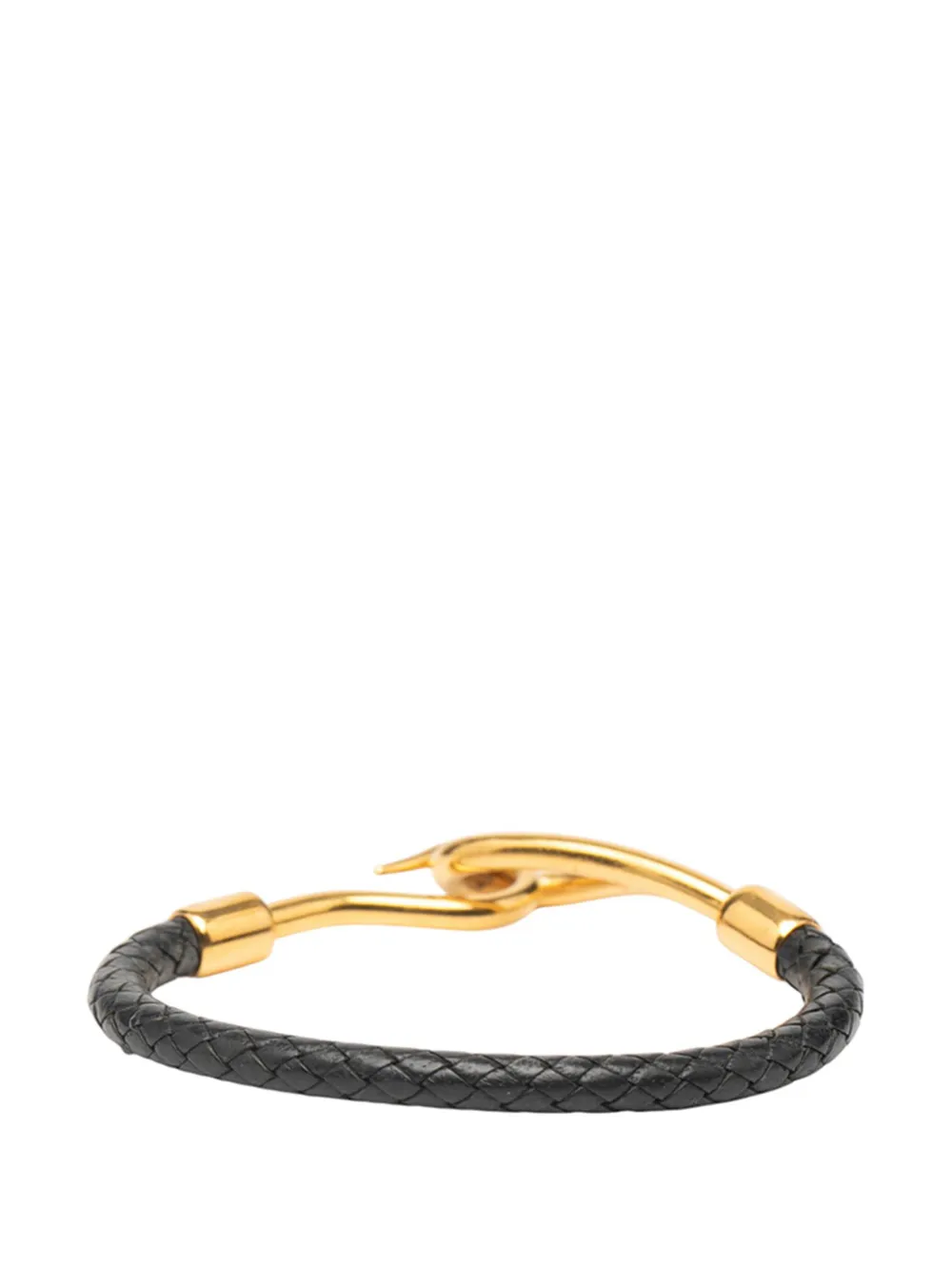 Pre-owned Hermes 2000-2025 Gold Plated And Braided Leather Jumbo Hook Bracelet Costume Bracelet In Black