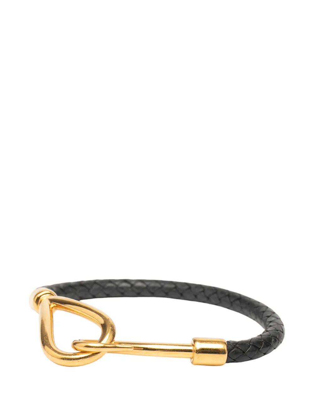 Pre-owned Hermes 2000-2025 Gold Plated And Braided Leather Jumbo Hook Bracelet Costume Bracelet In Black
