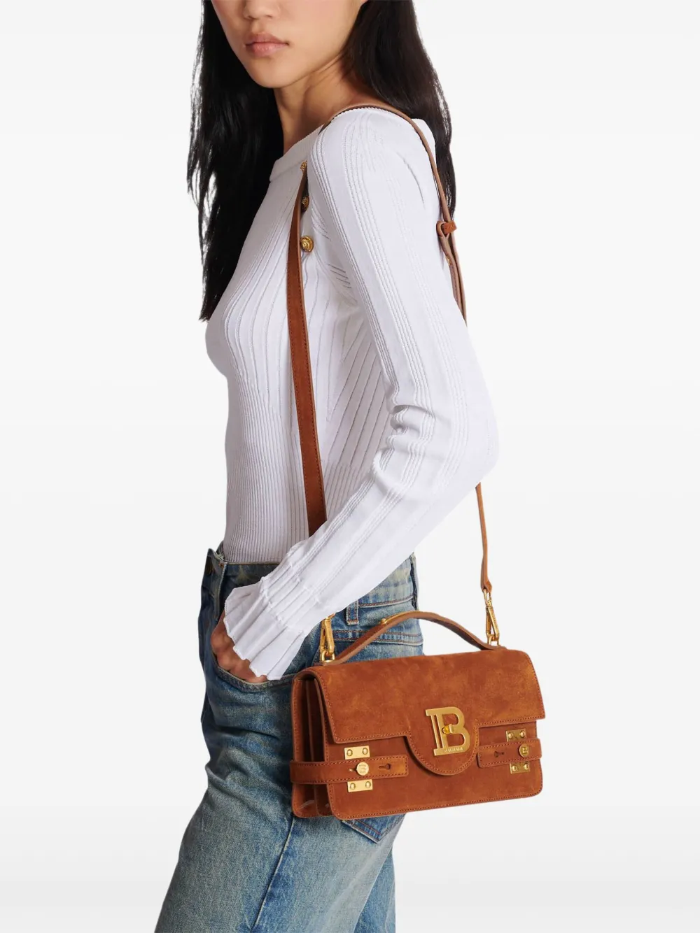 Balmain B-Buzz 24 suède schoudertas - Bruin