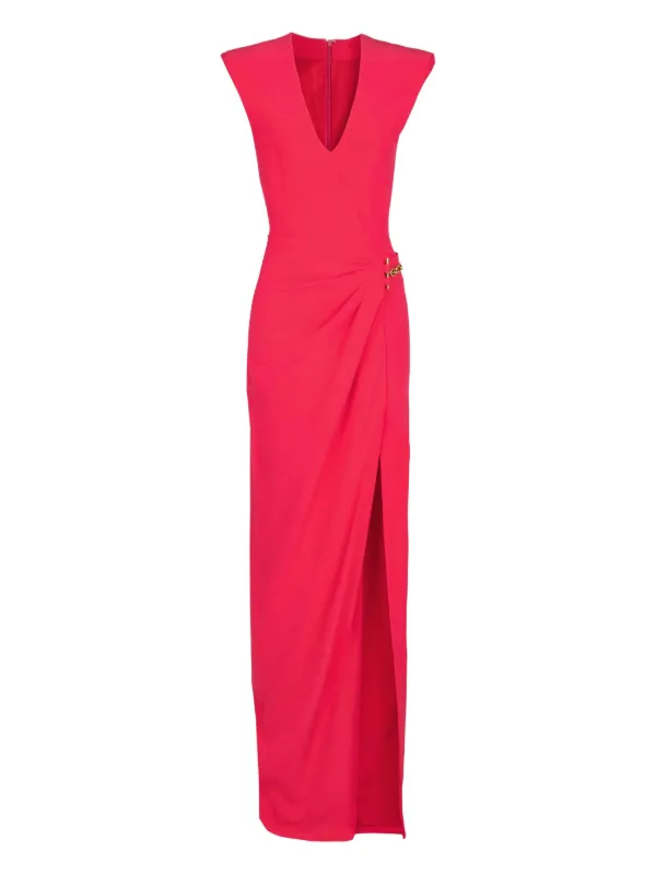 Balmain Long Crepe Dress with Embellished Detail in Red
