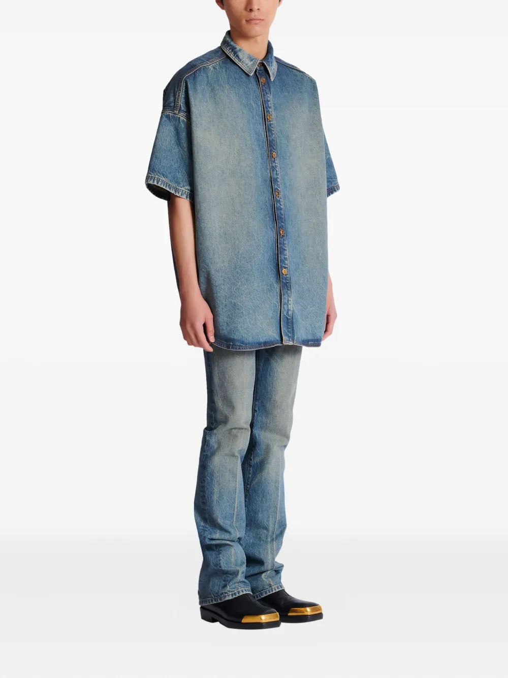  Balmain Buttoned Short-sleeve Shirt - Blue 
