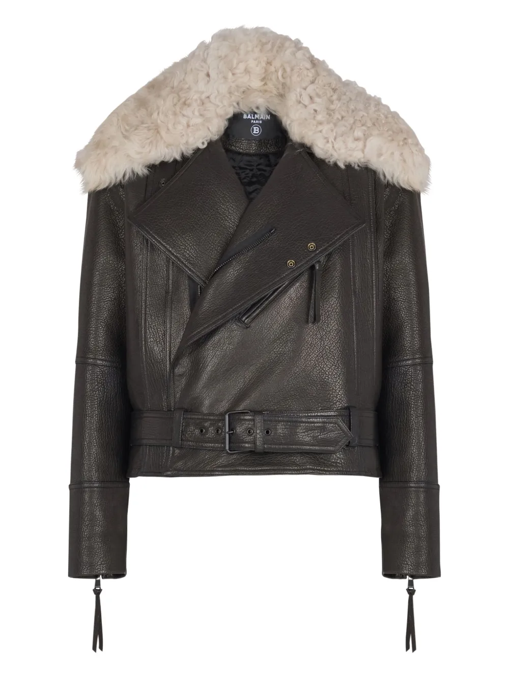 Balmain Lederjacke mit Shearling-Kragen | Schwarz | Image 1