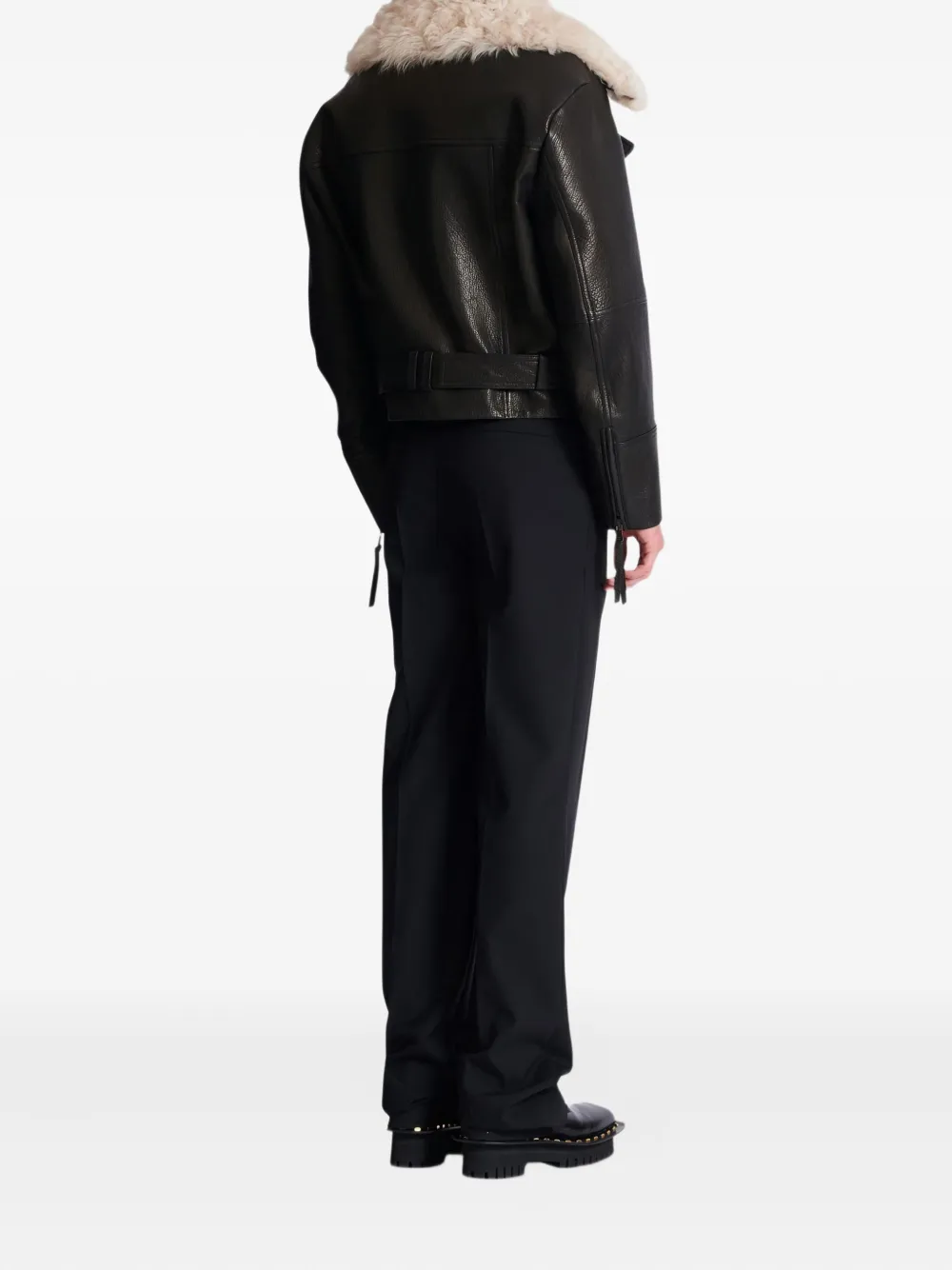 Balmain Leren jack met lammy kraag Zwart