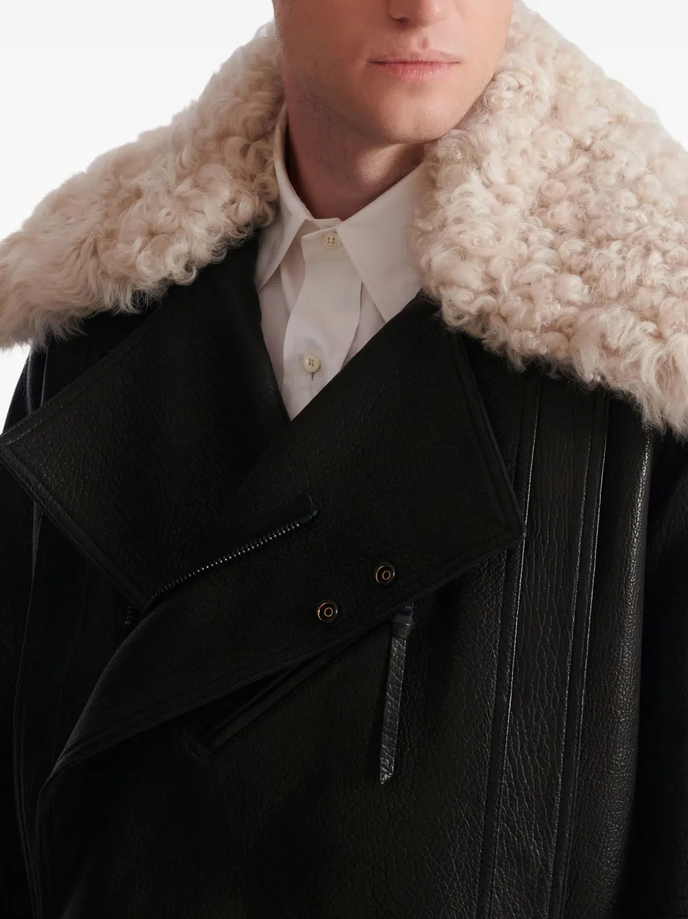 Balmain Leren jack met lammy kraag Zwart