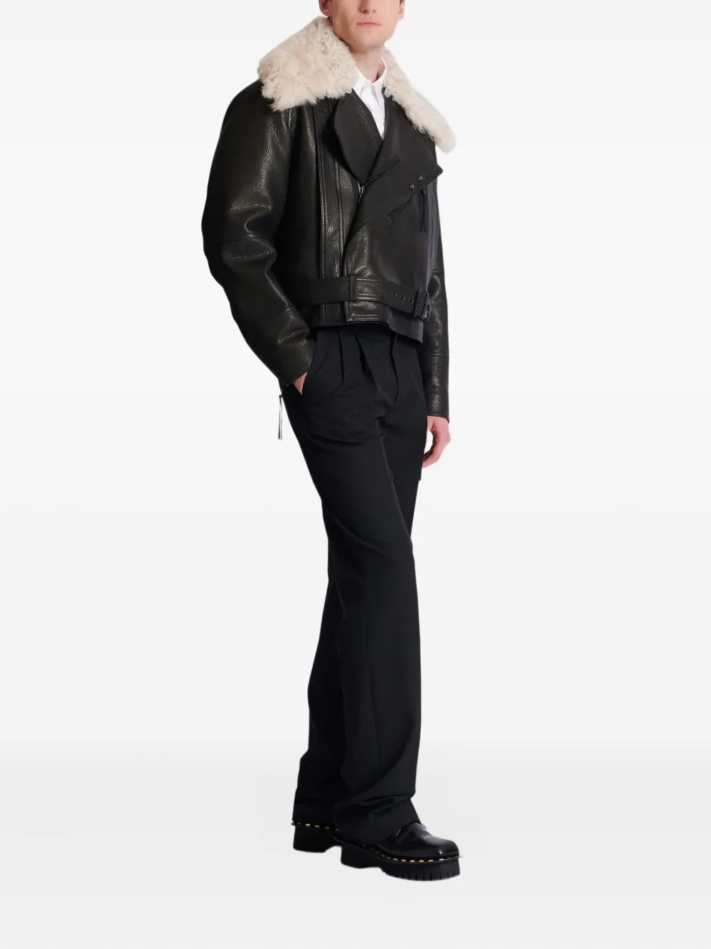  Balmain Shearling-collar Leather Jacket - Black 
