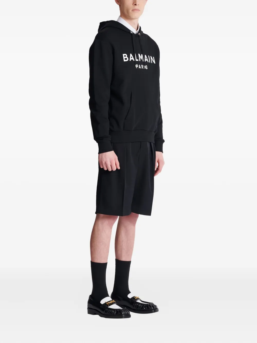 Balmain Logo Printed Drawstring Hoodie In Black