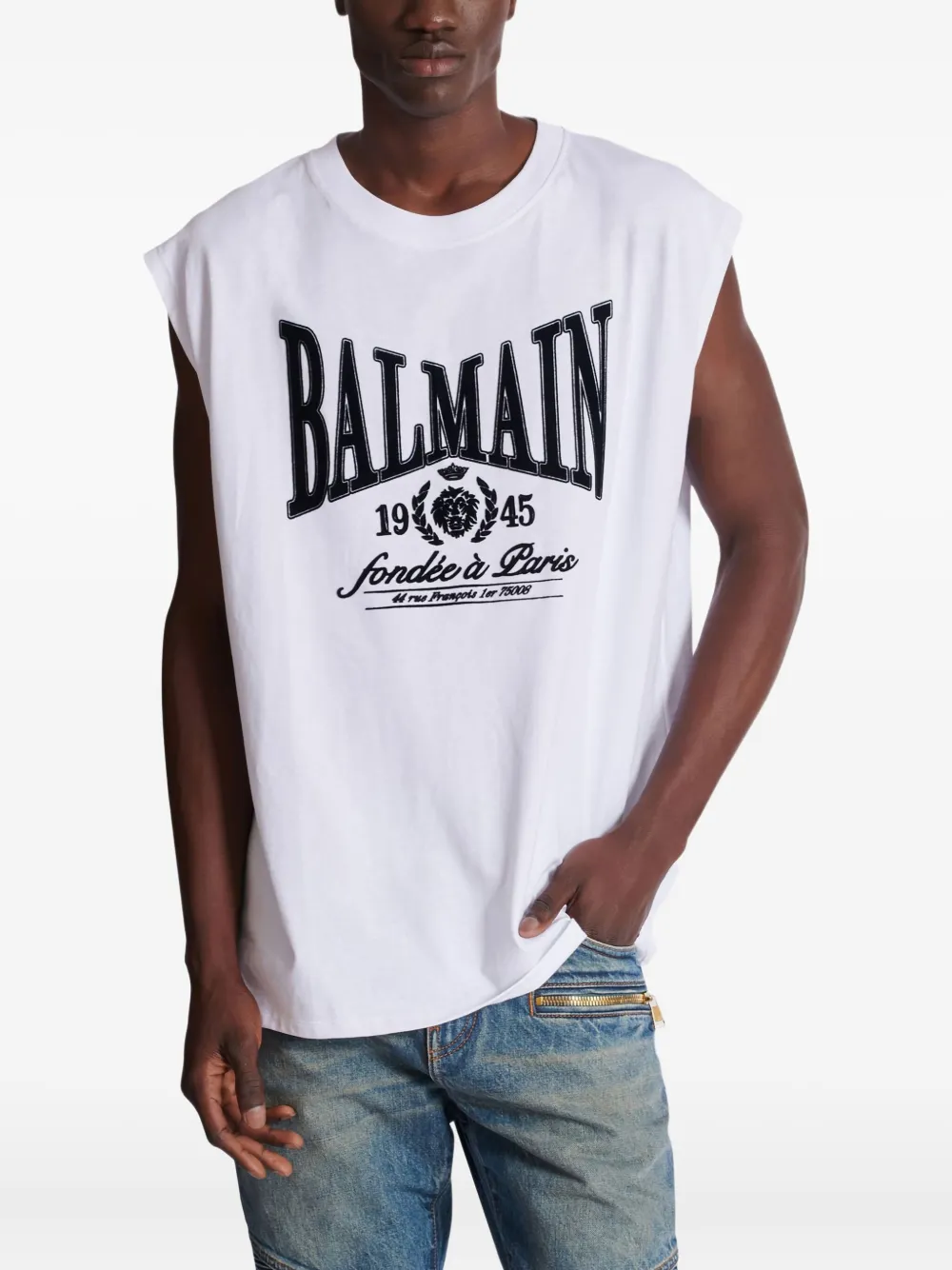 Balmain Sleeveless Crew Neck Nylon Silk Top In White
