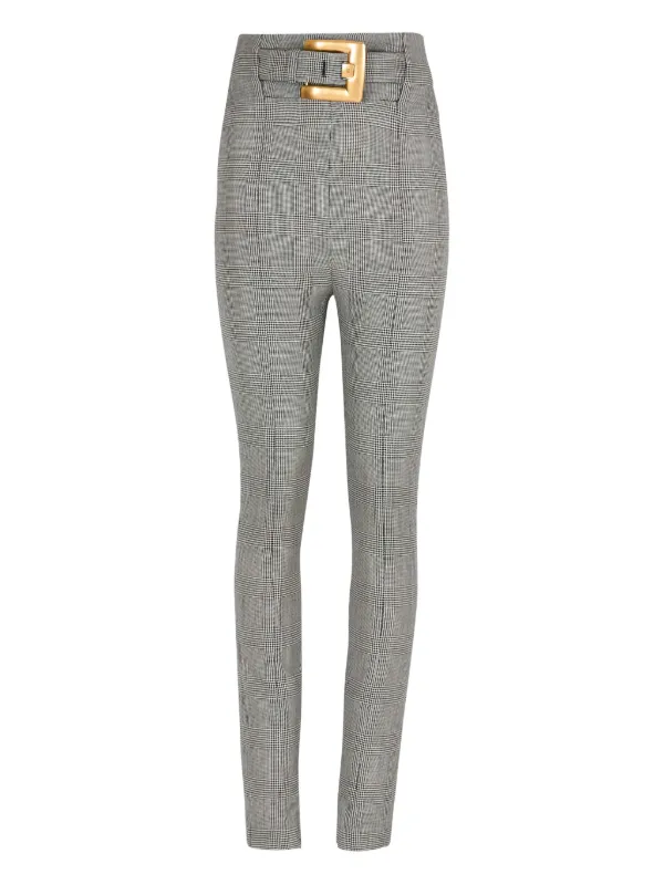 Balmain Check-pattern Belted Trousers in Grey