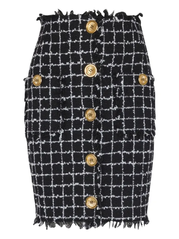 Balmain Tweed Buttoned Pencil Skirt in Black