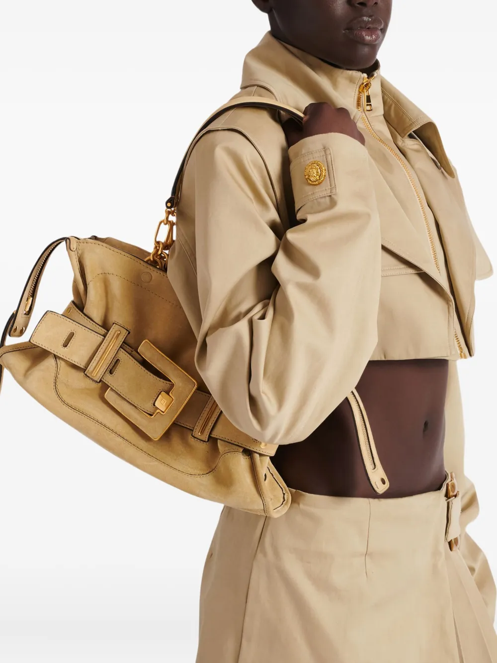 Balmain Anthem suède schoudertas met gesp - Beige