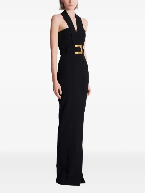 black bridesmaid dress with gold belt NicoBlu Octavia Long Dress in Black and Gold Palm Embellishment 8