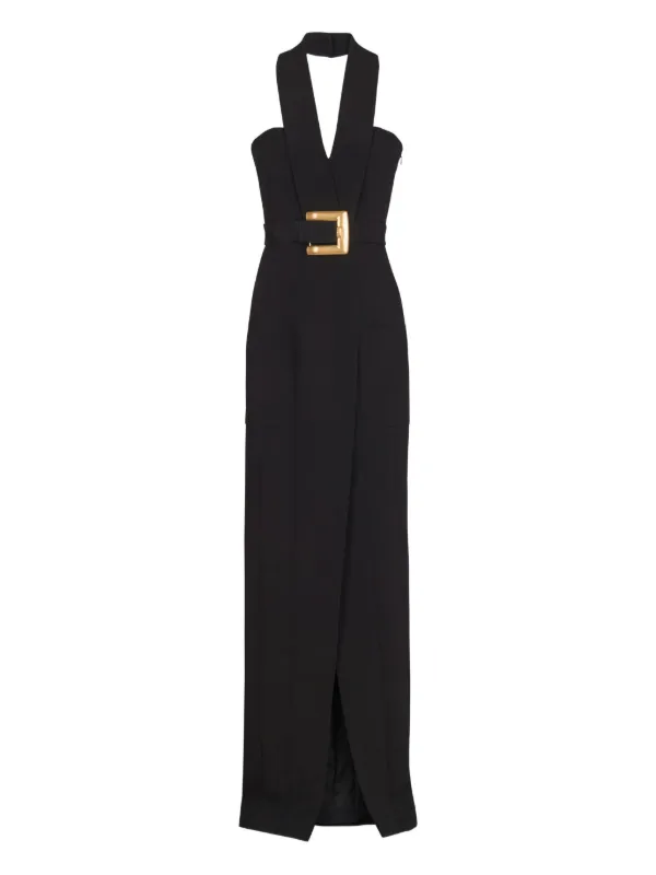 Balmain Long Crepe Dress with Belt in Black