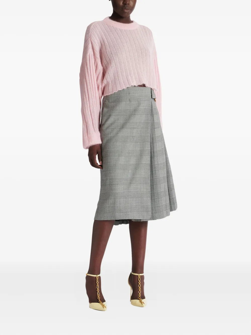  Balmain Midi Check-pattern Pleated Skirt - Grey 