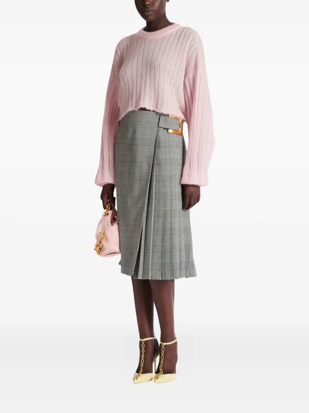  Balmain Midi Check-pattern Pleated Skirt - Grey 
