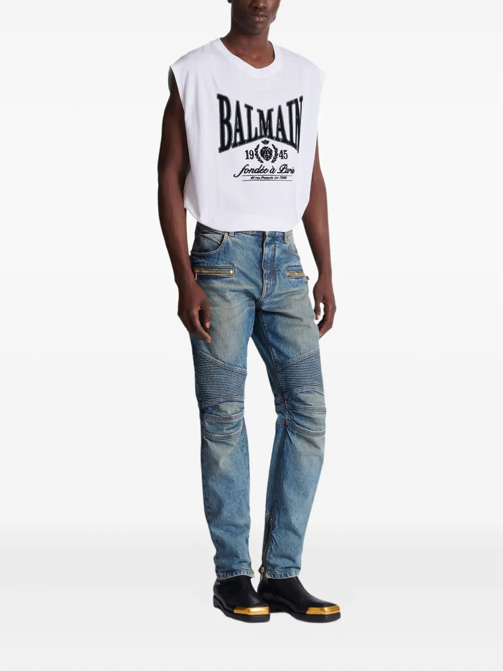  Balmain Vaqueros Biker De Algodón Con Bolsillo Con Cremallera - Azul 