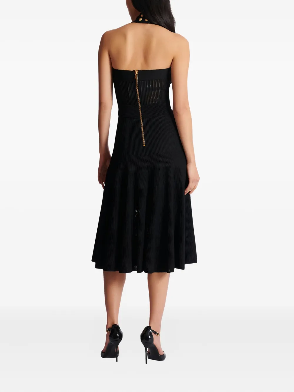 Balmain Halterneck Pleated Knit Midi Dress In Black