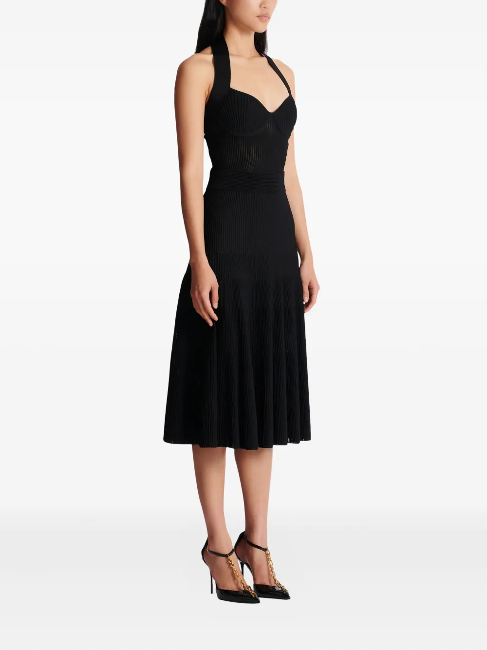 Balmain Halterneck Pleated Knit Midi Dress In Black