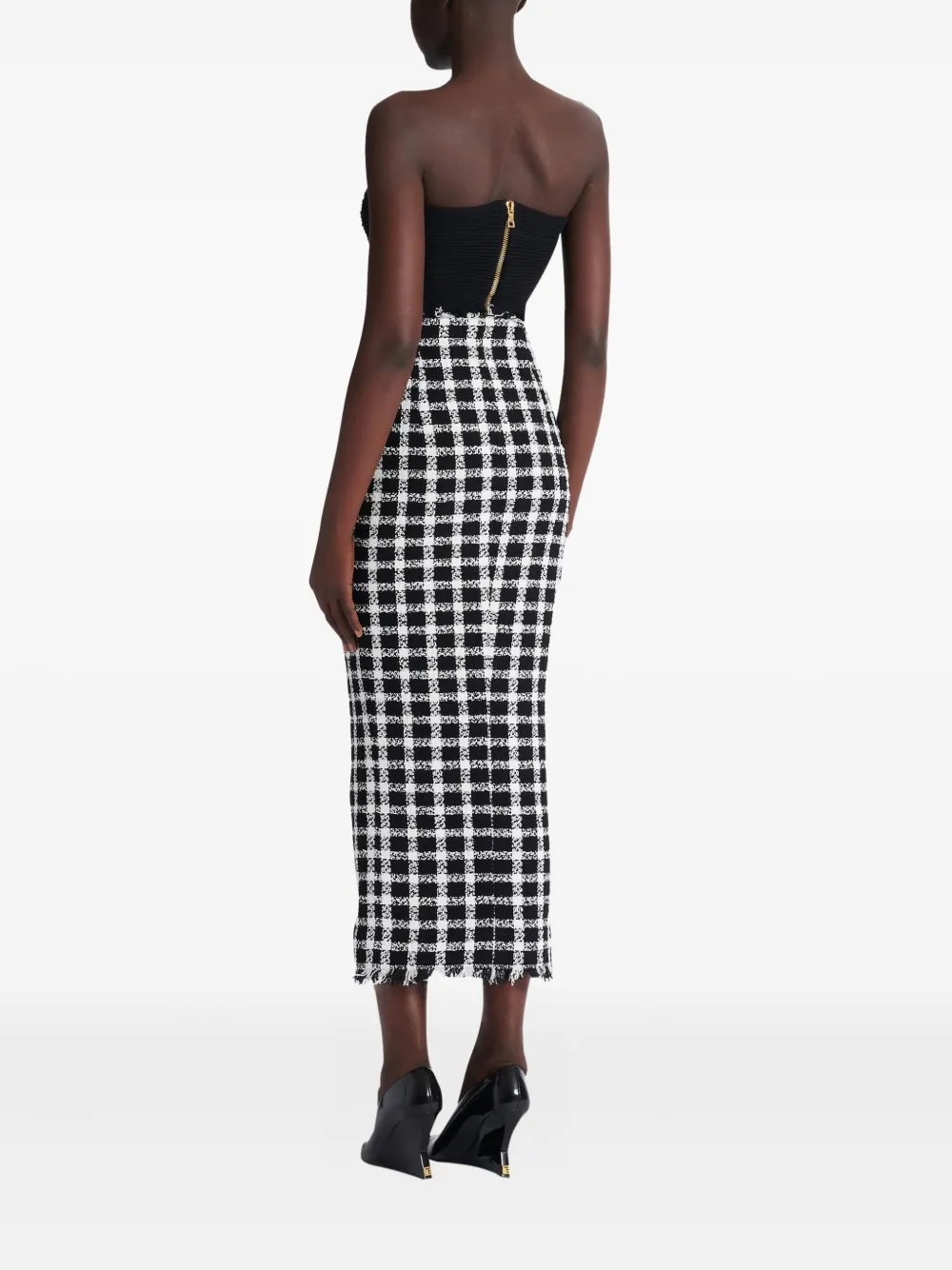 Balmain Long Gingham Tweed Skirt In Black