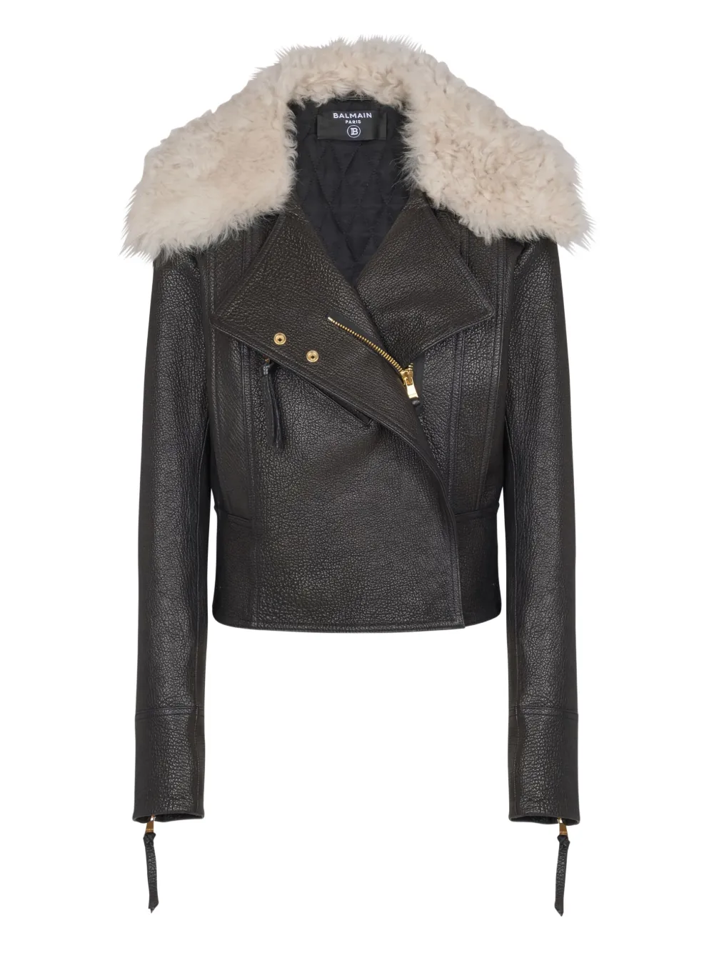 Balmain Lammleder-Bikerjacke mit Shearling-Kragen - Schwarz