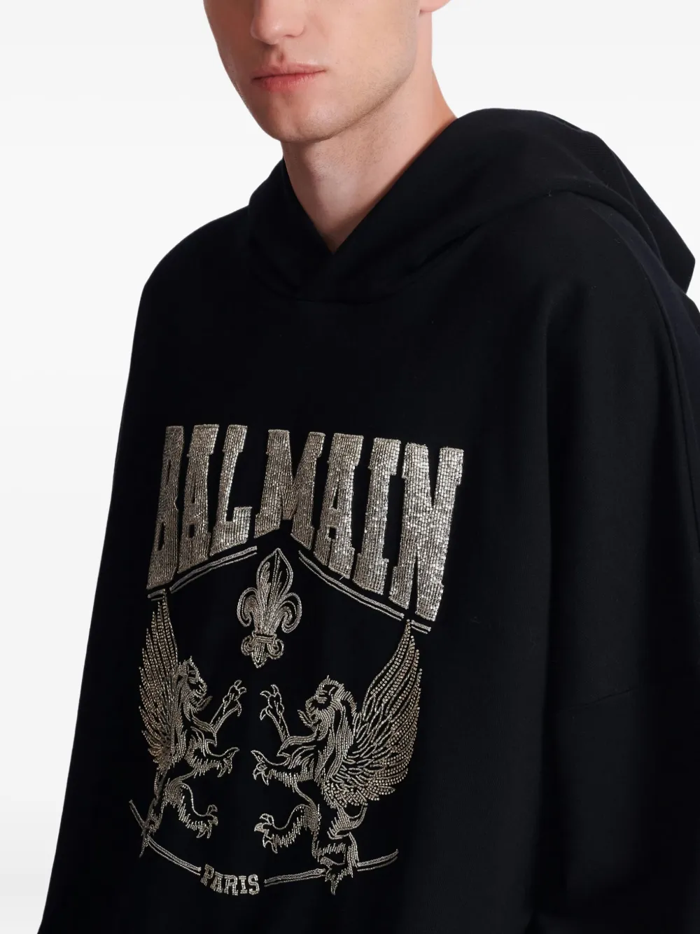 Balmain Crystal-embellished Graphic Hoodie In Black