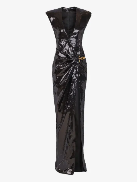 Balmain long draped sequin dress with embellished detail