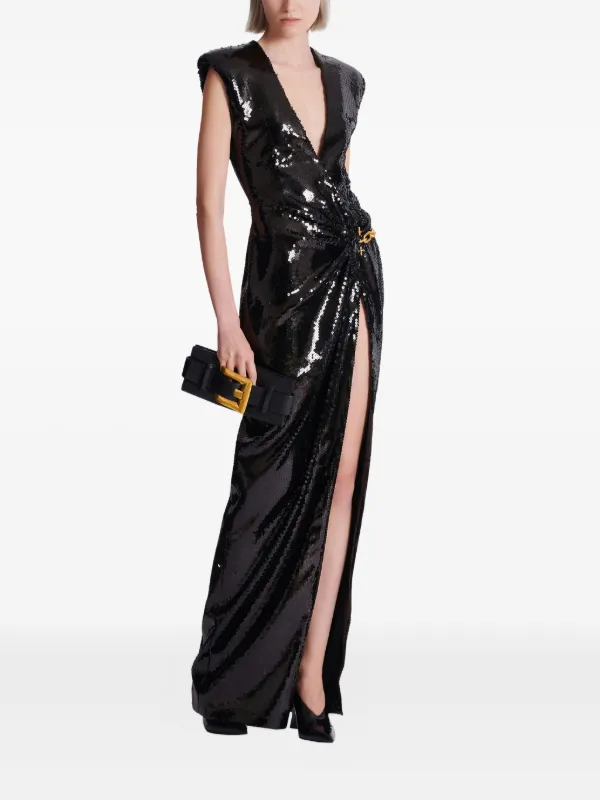 balmain black sequin dress Long Draped With Embellished Detail | zip closure Jewel neck