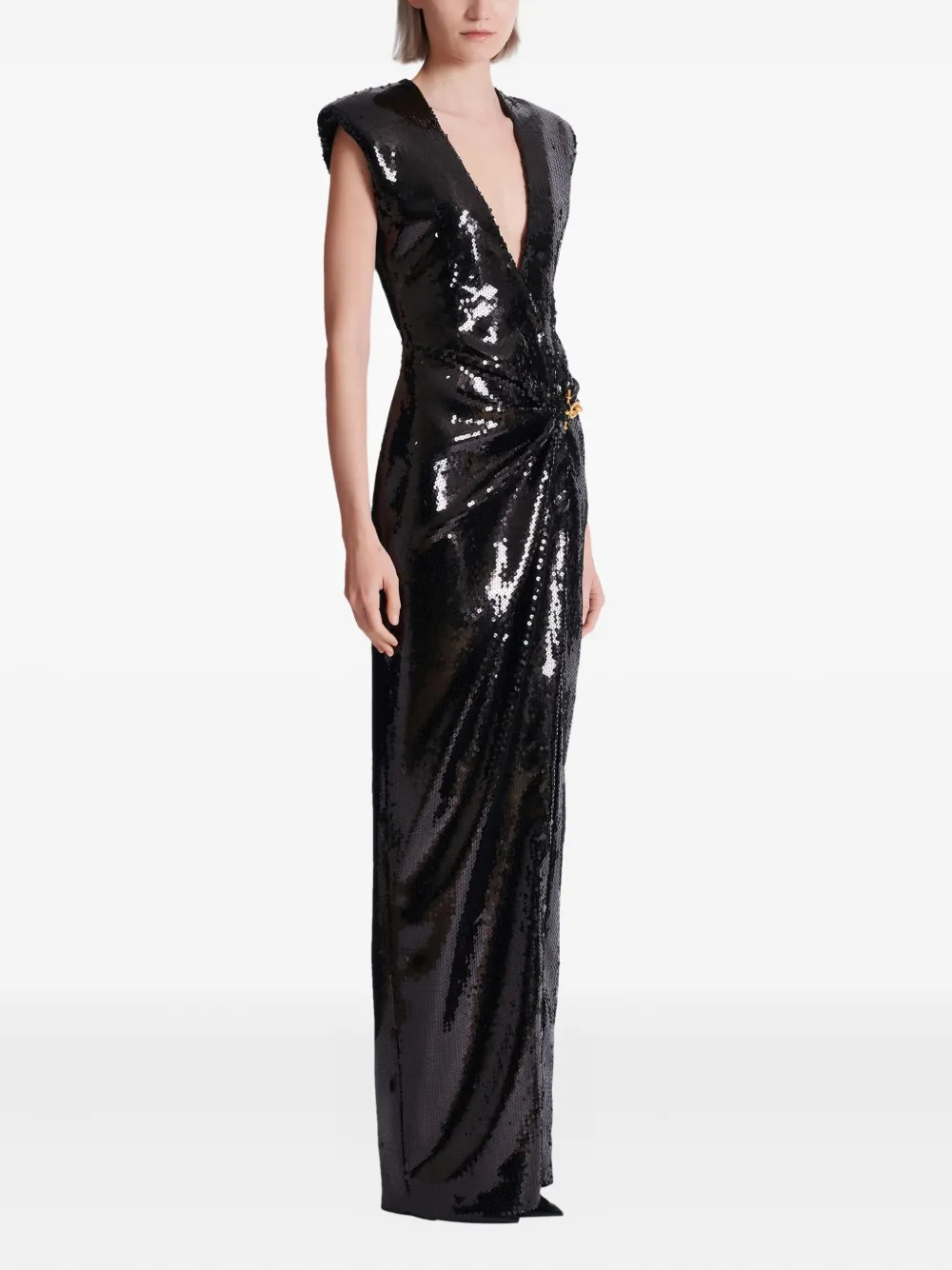 Balmain Long Draped Sequin Dress With Embellished Detail In Black