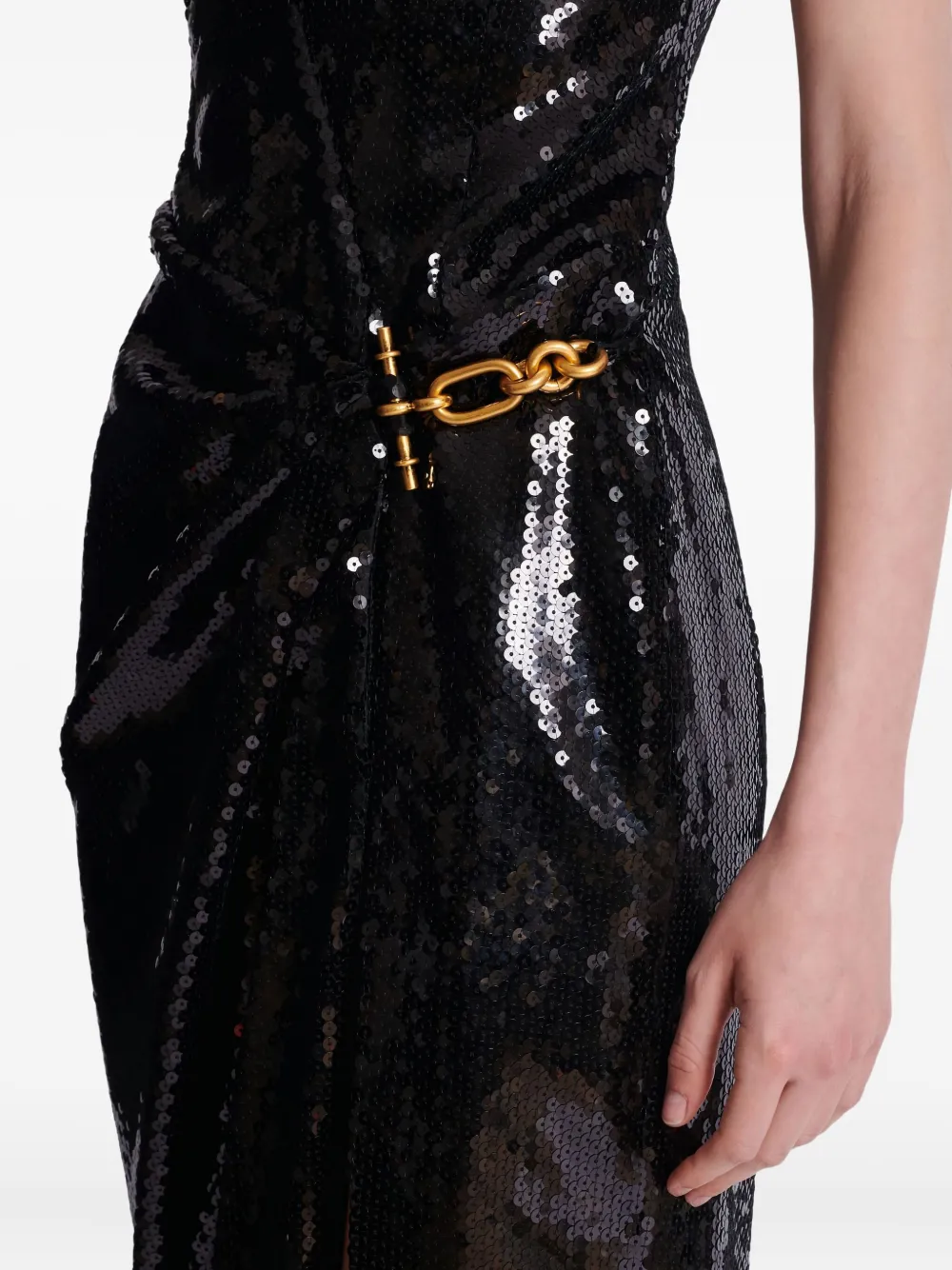 Balmain Long Draped Sequin Dress With Embellished Detail In Black
