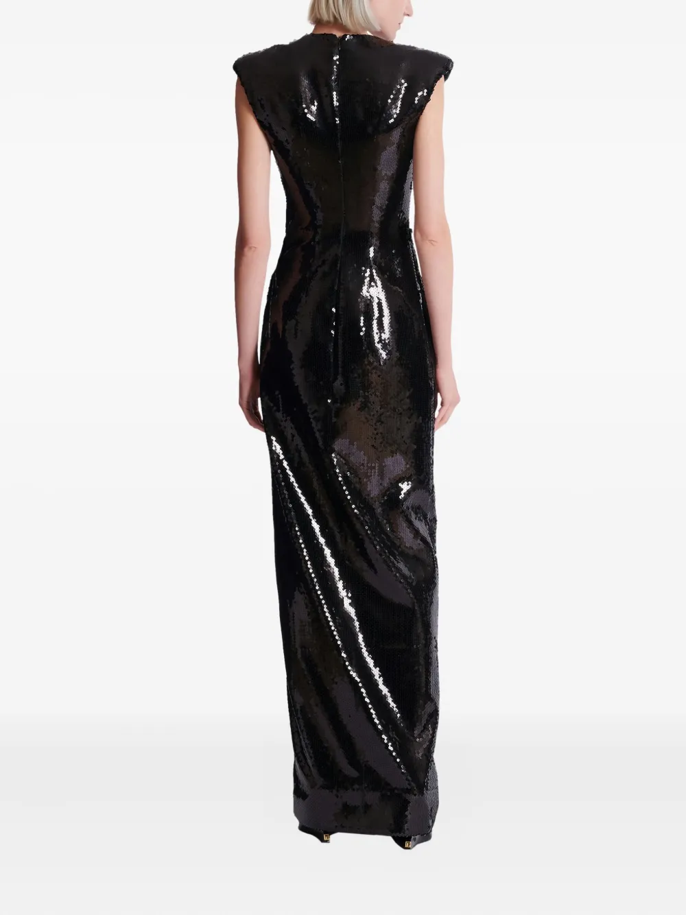 Balmain Long Draped Sequin Dress With Embellished Detail In Black