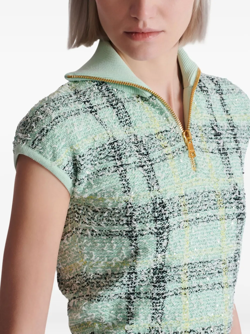 Balmain Plaid-detail Zip-fastening Top In Blue