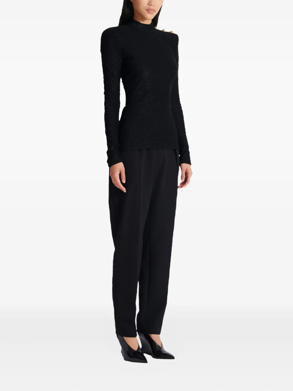  Balmain Ls Bouclette Monogram-pattern Button Top - Black 