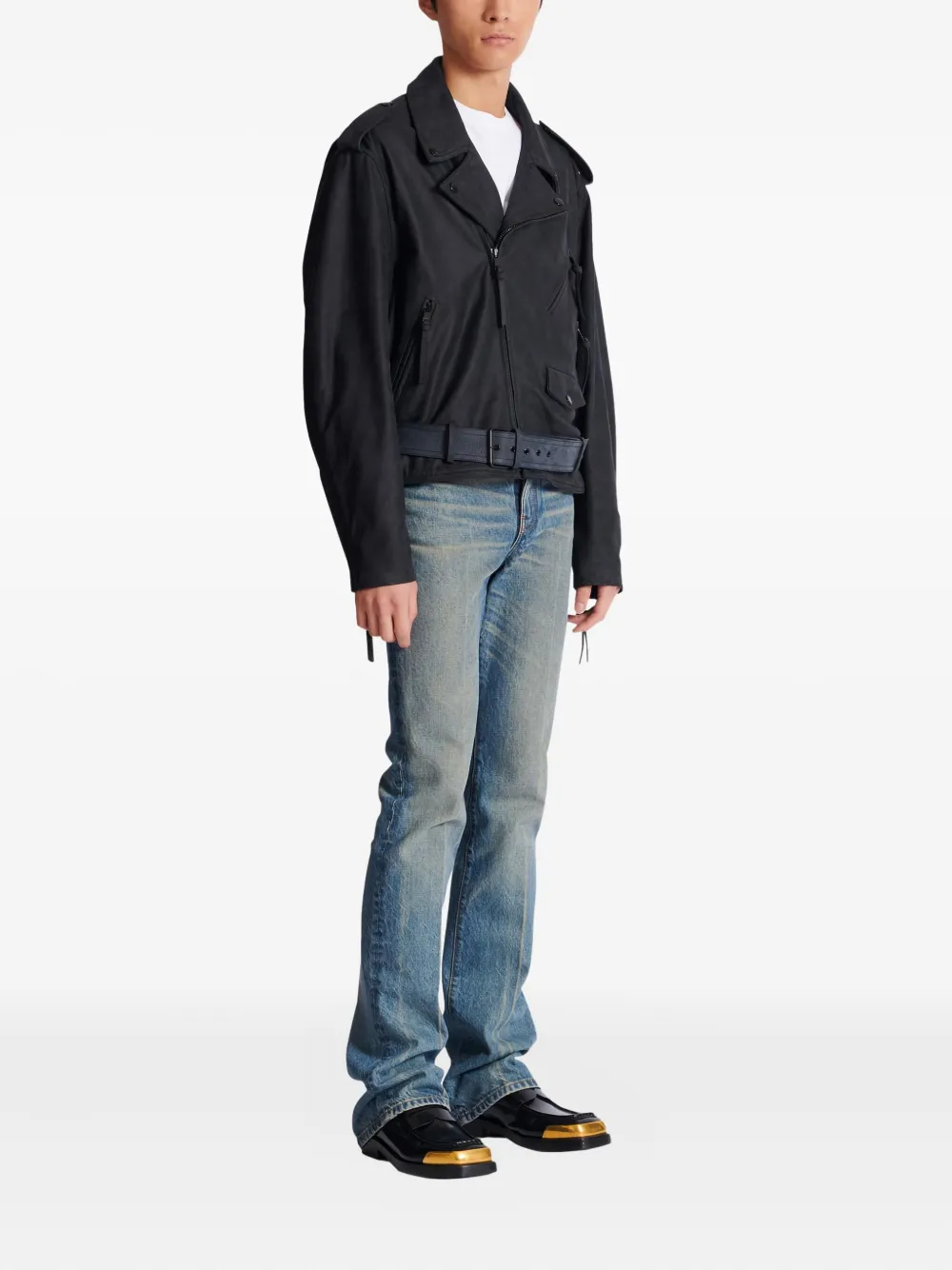  Balmain Belted Leather Biker Jacket - Black 