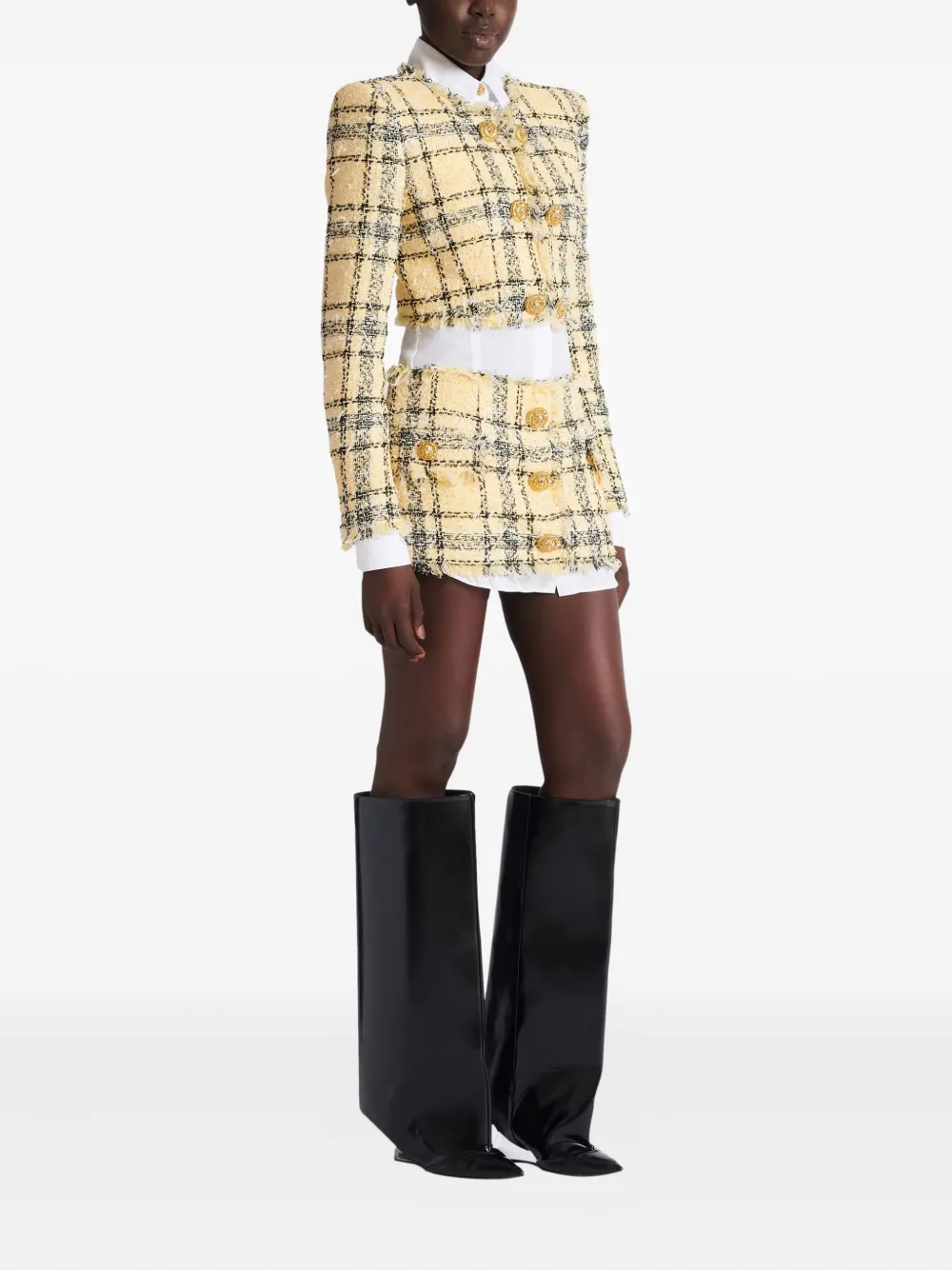 Balmain Tweed Sequinned Check Mini Skirt In Yellow